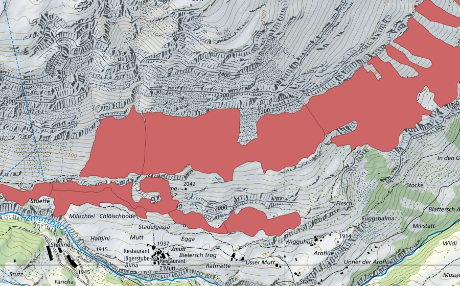 swisstopo national map showing the protected perimeter of Zermatt (Dry meadow)