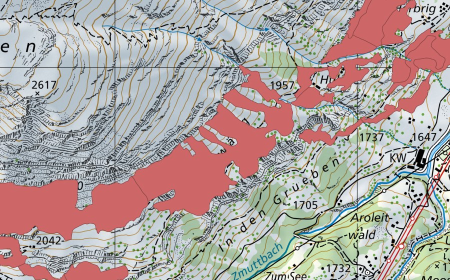 Carte nationale swisstopo avec le périmètre protégé de Zermatt (Prairie sèche)