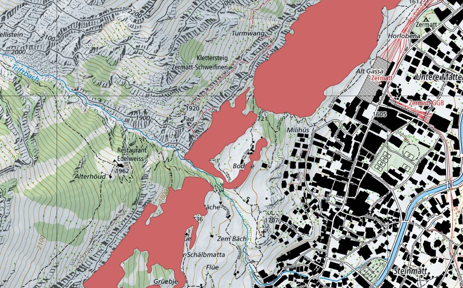 swisstopo national map showing the protected perimeter of Zermatt (Dry meadow)