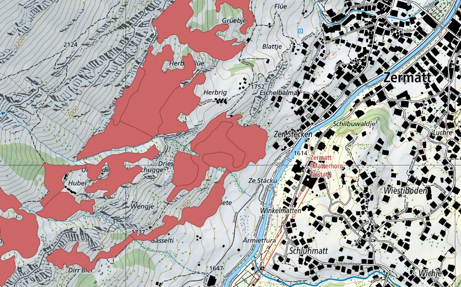 swisstopo national map showing the protected perimeter of Zermatt (Dry meadow)