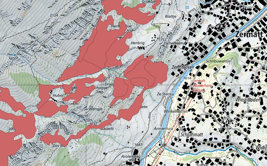 Carte nationale swisstopo avec le périmètre protégé de Zermatt (Prairie sèche)