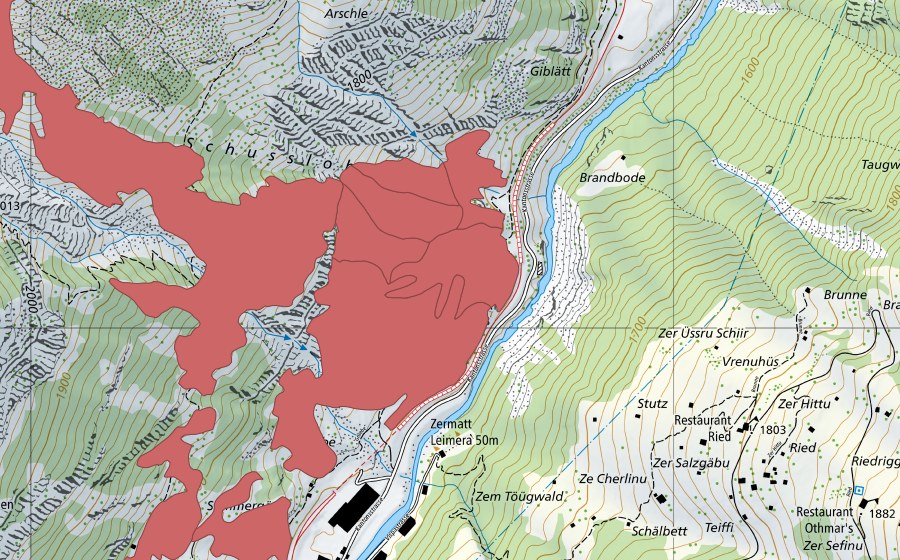 Carte nationale swisstopo avec le périmètre protégé de Zermatt (Prairie sèche)