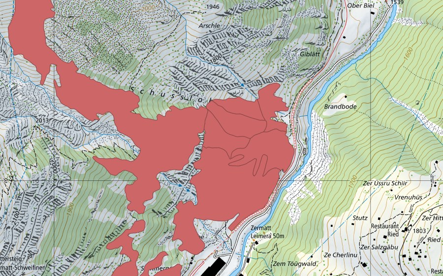 Landeskarte swisstopo mit dem Schutzperimeter von Zermatt (Trockenwiese)