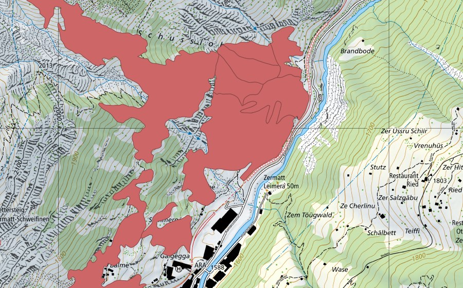 Carte nationale swisstopo avec le périmètre protégé de Zermatt (Prairie sèche)