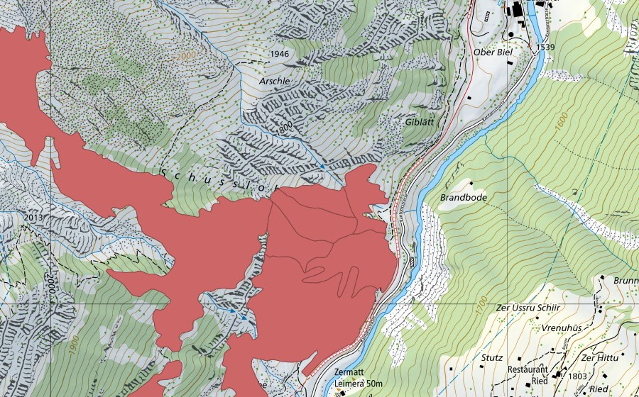 Landeskarte swisstopo mit dem Schutzperimeter von Zermatt (Trockenwiese)