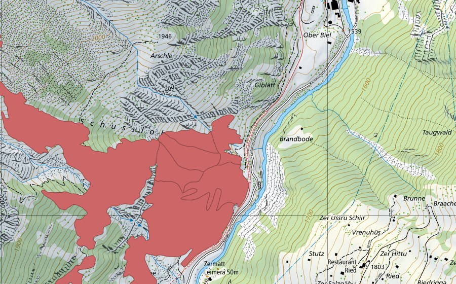 Carte nationale swisstopo avec le périmètre protégé de Zermatt (Prairie sèche)