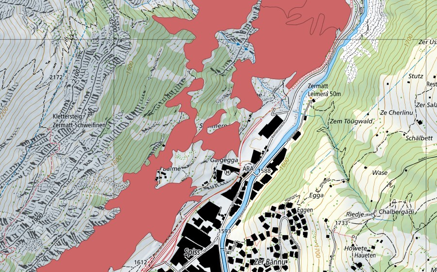 Landeskarte swisstopo mit dem Schutzperimeter von Zermatt (Trockenwiese)