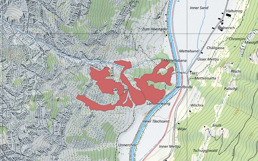 Landeskarte swisstopo mit dem Schutzperimeter von Zermettjen (Trockenwiese)
