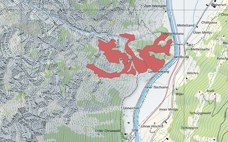 swisstopo national map showing the protected perimeter of Zermettjen (Dry meadow)