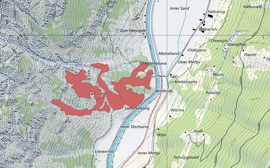 Carte nationale swisstopo avec le périmètre protégé de Zermettjen (Prairie sèche)