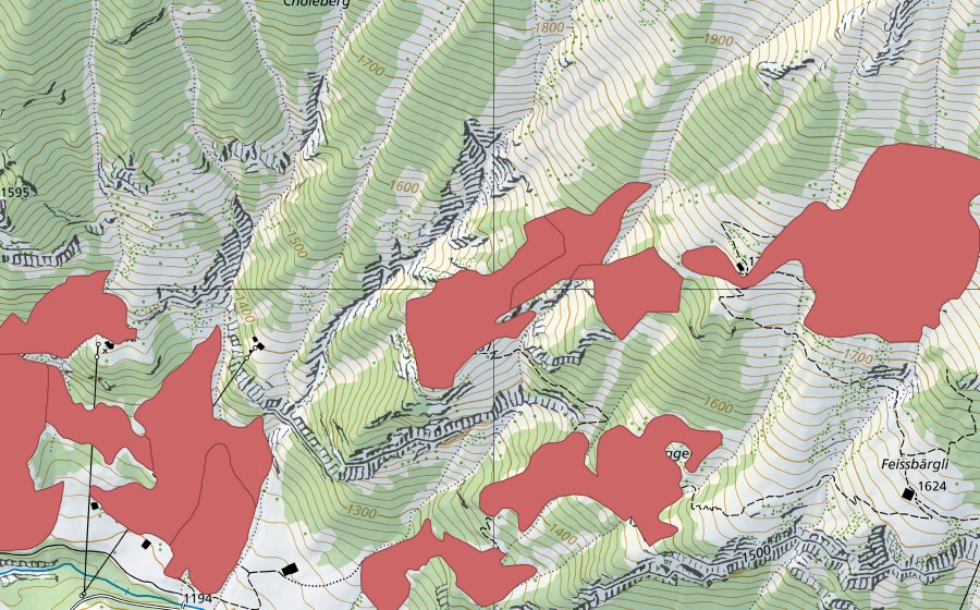 Carte nationale swisstopo avec le périmètre protégé de Zind (Prairie sèche)