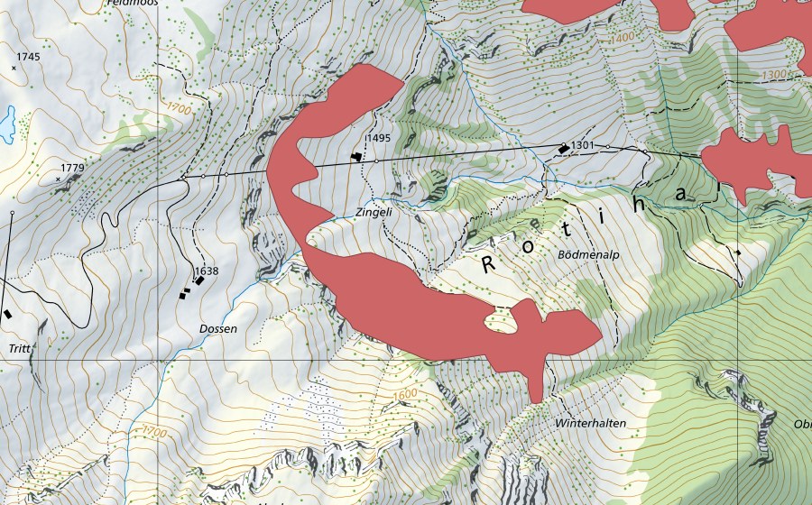 Landeskarte swisstopo mit dem Schutzperimeter von Zingeli (Trockenwiese)