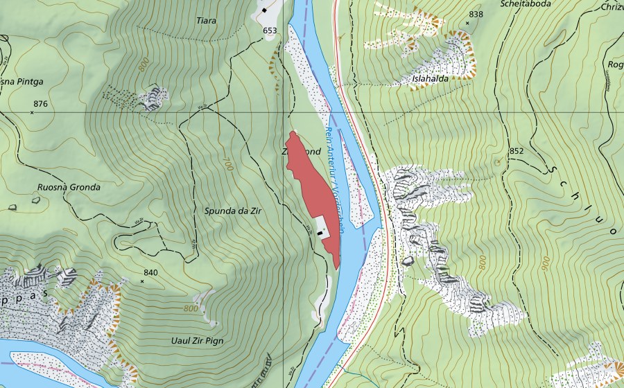 Carte nationale swisstopo avec le périmètre protégé de Zir Grond (Prairie sèche)
