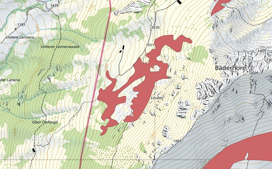 Carte nationale swisstopo avec le périmètre protégé de Zitbode (Prairie sèche)