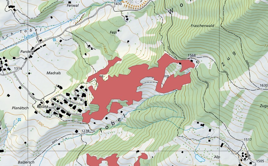 Carte nationale swisstopo avec le périmètre protégé de Zug (Prairie sèche)