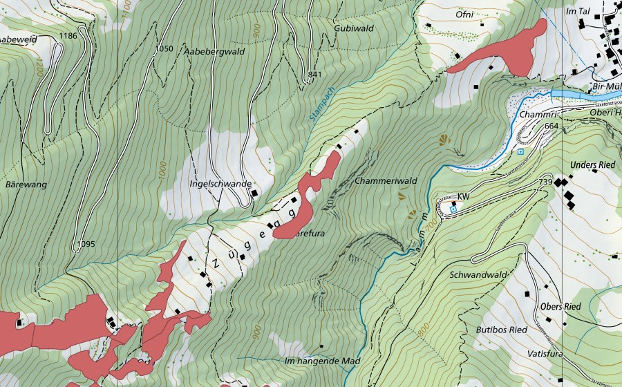 Carte nationale swisstopo avec le périmètre protégé de Zügegg (Prairie sèche)