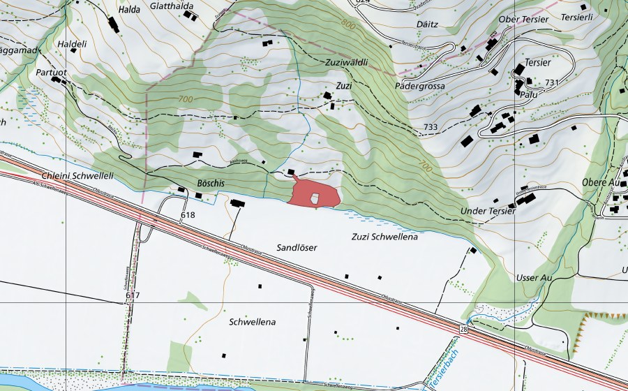 swisstopo national map showing the protected perimeter of Zuzi (Dry meadow)