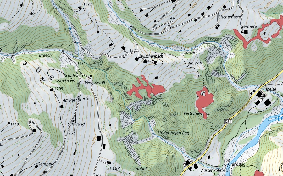 Landeskarte swisstopo mit dem Schutzperimeter von Zwüschebäch (Trockenwiese)