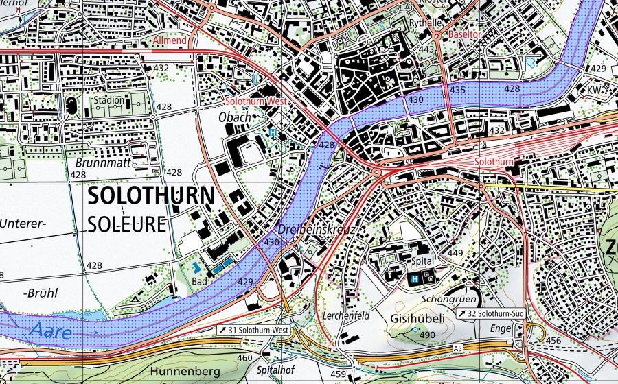 swisstopo national map showing the protected perimeter of Aare bei Solothurn und Naturschutzreservat Aare Flumenthal (SO) (Water bird reserve)