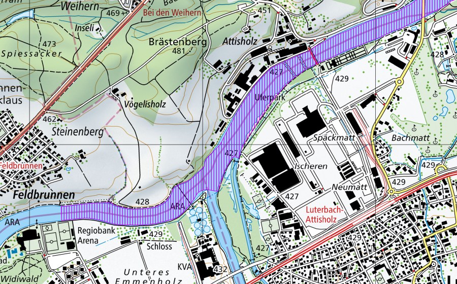 swisstopo national map showing the protected perimeter of Aare bei Solothurn und Naturschutzreservat Aare Flumenthal (SO) (Water bird reserve)