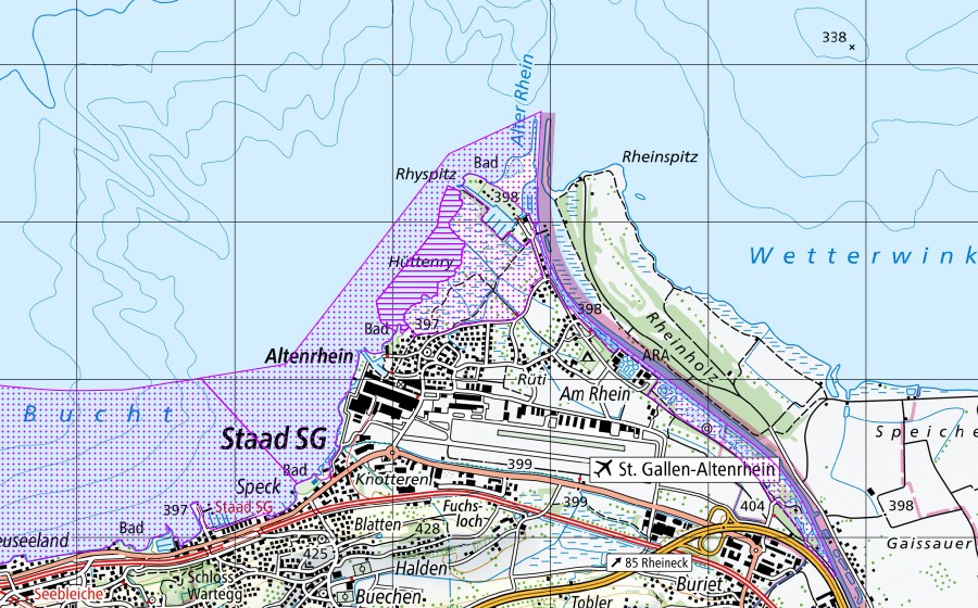 swisstopo national map showing the protected perimeter of Alter Rhein: Thal (SG) (Water bird reserve)