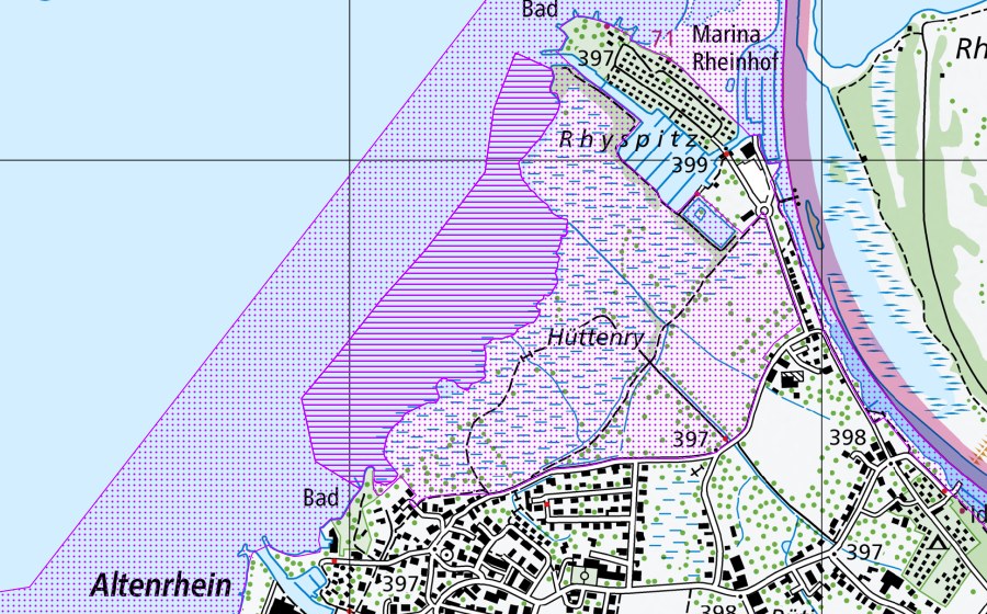 Landeskarte swisstopo mit dem Schutzperimeter von Alter Rhein: Thal (SG) (Wasser- und Zugvogelreservat)