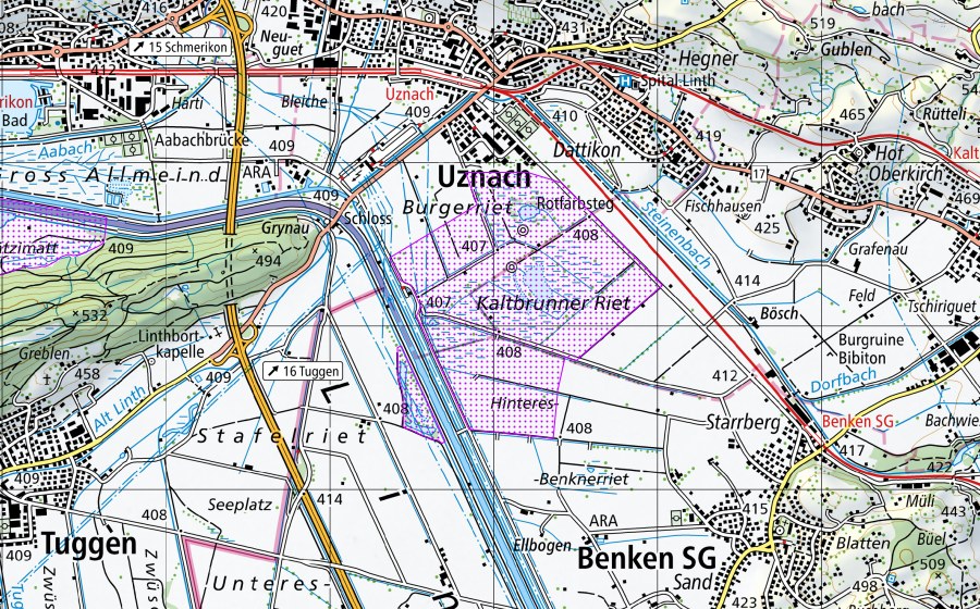 Carte nationale swisstopo avec le périmètre protégé de Benkner-, Burger- und Kaltbrunner-Riet (SG) (Réserve d’oiseaux d’eau)