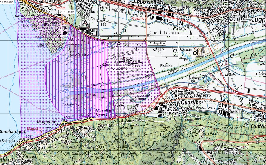 Landeskarte swisstopo mit dem Schutzperimeter von Bolle di Magadino (TI) (Wasser- und Zugvogelreservat)