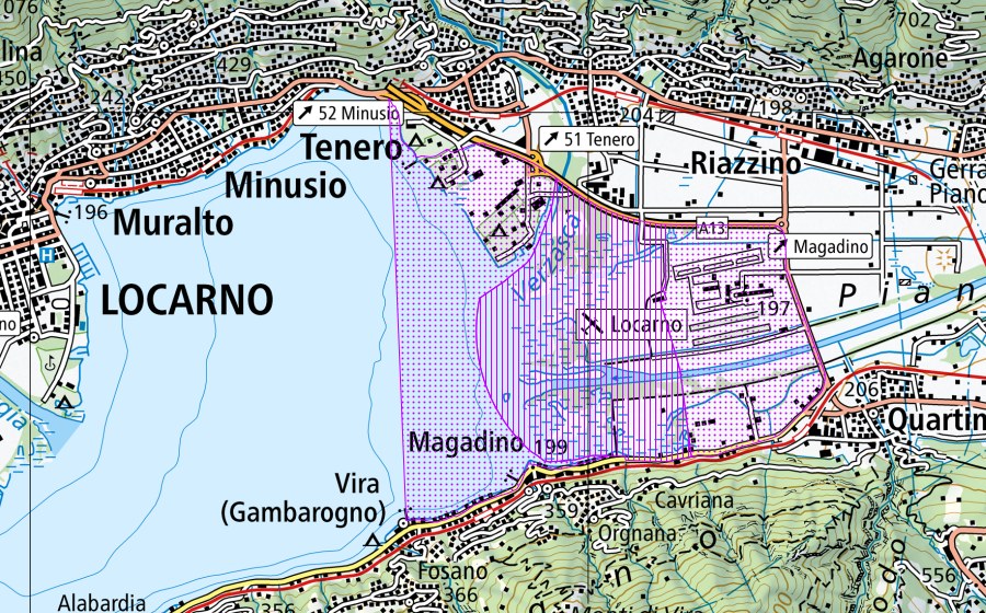 Carte nationale swisstopo avec le périmètre protégé de Bolle di Magadino (TI) (Réserve d’oiseaux d’eau)