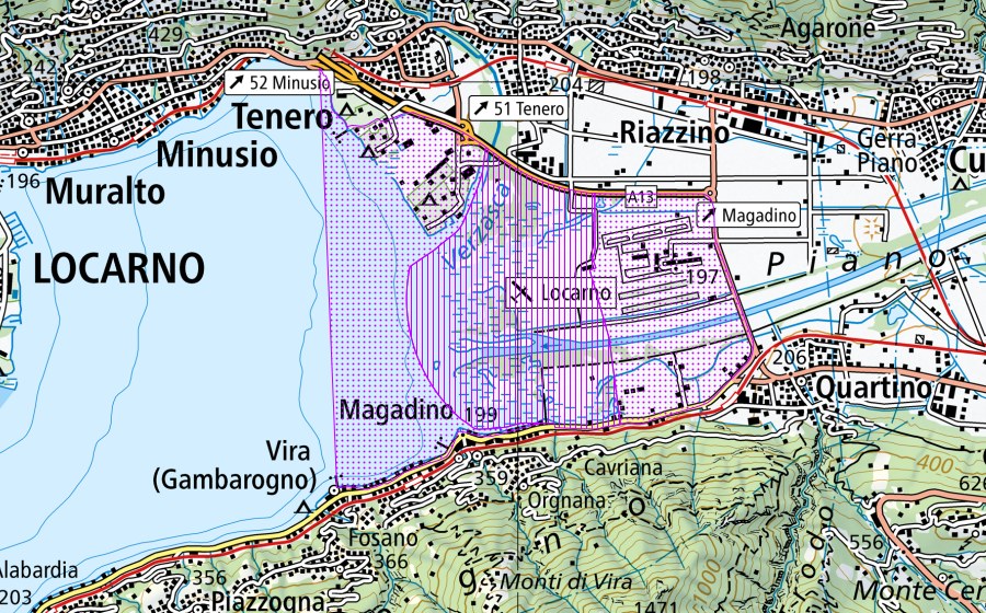 Carte nationale swisstopo avec le périmètre protégé de Bolle di Magadino (TI) (Réserve d’oiseaux d’eau)