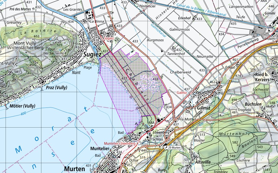 swisstopo national map showing the protected perimeter of Chablais (Lac de Morat) (FR) (Water bird reserve)