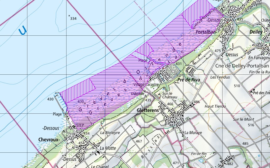 swisstopo national map showing the protected perimeter of Chevroux jusqu'à Portalban (FR, VD) (Water bird reserve)