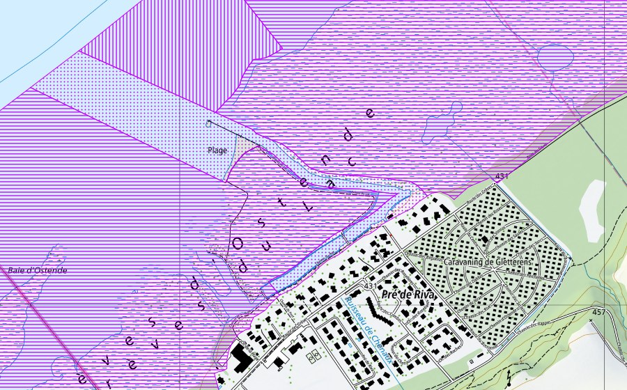 swisstopo national map showing the protected perimeter of Chevroux jusqu'à Portalban (FR, VD) (Water bird reserve)