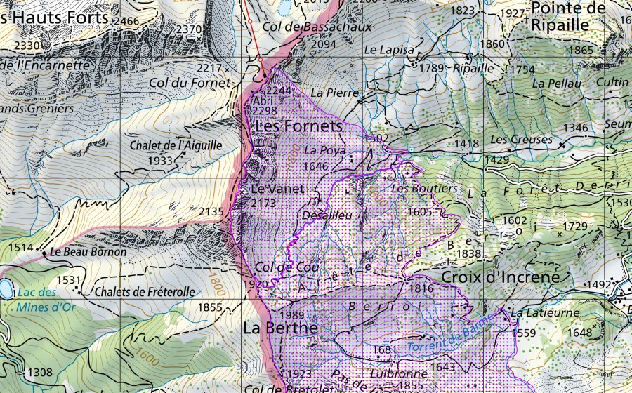 Carte nationale swisstopo avec le périmètre protégé de Col de Bretolet (VS) (Réserve d’oiseaux d’eau)