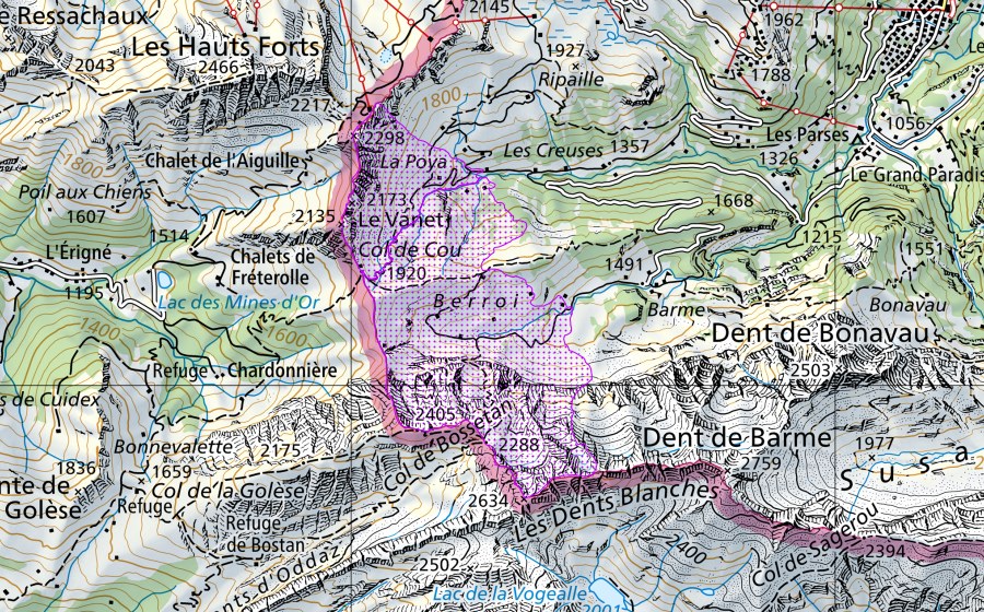 swisstopo national map showing the protected perimeter of Col de Bretolet (VS) (Water bird reserve)
