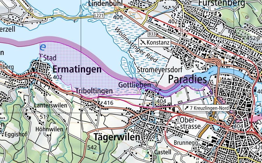 swisstopo national map showing the protected perimeter of Ermatinger Becken (TG) (Water bird reserve)