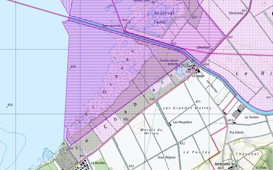 swisstopo national map showing the protected perimeter of Fanel jusqu'à Chablais de Cudrefin, Pointe de Marin (BE,FR,VD,NE) (Water bird reserve)