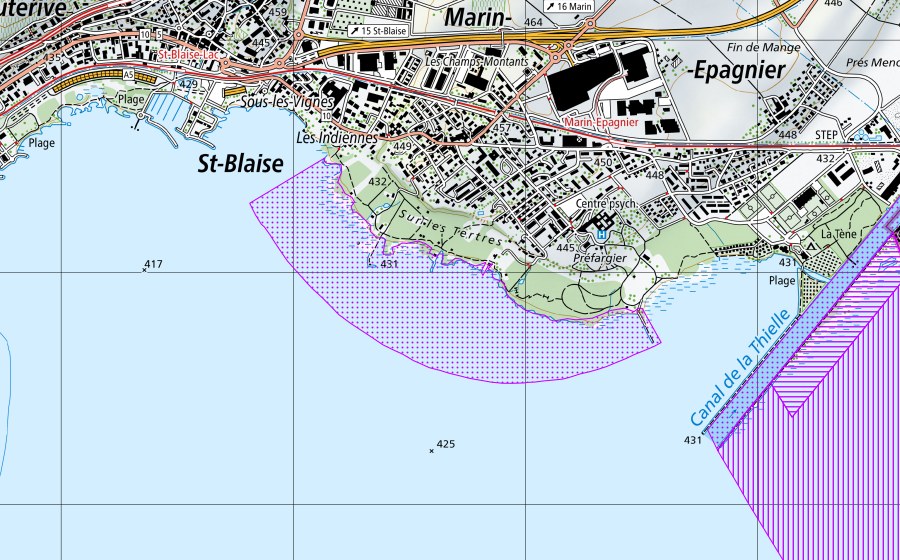 swisstopo national map showing the protected perimeter of Fanel jusqu'à Chablais de Cudrefin, Pointe de Marin (BE,FR,VD,NE) (Water bird reserve)