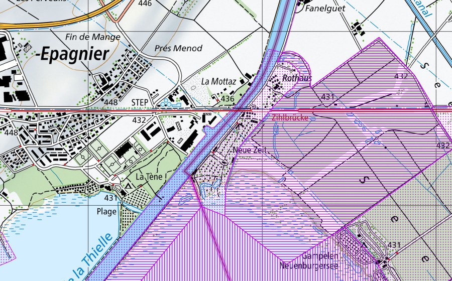Carte nationale swisstopo avec le périmètre protégé de Fanel jusqu'à Chablais de Cudrefin, Pointe de Marin (BE,FR,VD,NE) (Réserve d’oiseaux d’eau)