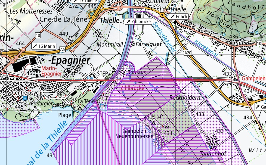 swisstopo national map showing the protected perimeter of Fanel jusqu'à Chablais de Cudrefin, Pointe de Marin (BE,FR,VD,NE) (Water bird reserve)