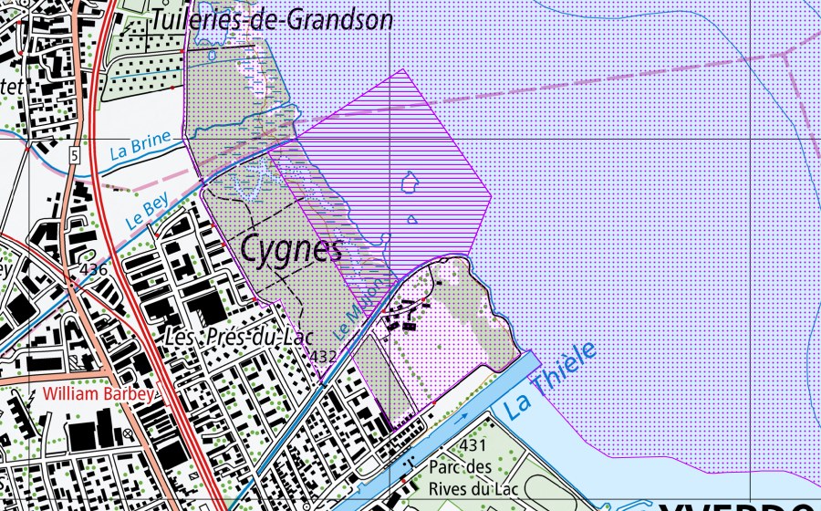 Carte nationale swisstopo avec le périmètre protégé de Grandson jusqu'à Champ-Pittet (VD) (Réserve d’oiseaux d’eau)