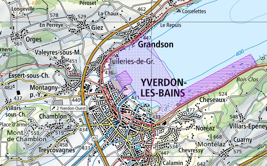 Carte nationale swisstopo avec le périmètre protégé de Grandson jusqu'à Champ-Pittet (VD) (Réserve d’oiseaux d’eau)