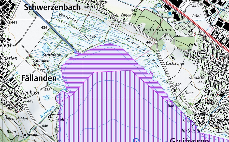 Carte nationale swisstopo avec le périmètre protégé de Greifensee (ZH) (Réserve d’oiseaux d’eau)