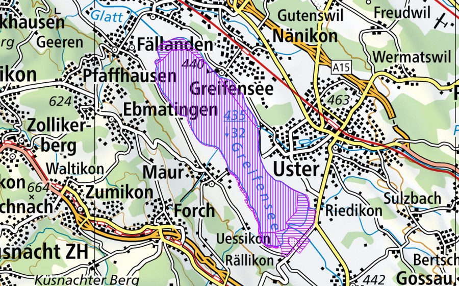 Landeskarte swisstopo mit dem Schutzperimeter von Greifensee (ZH) (Wasser- und Zugvogelreservat)