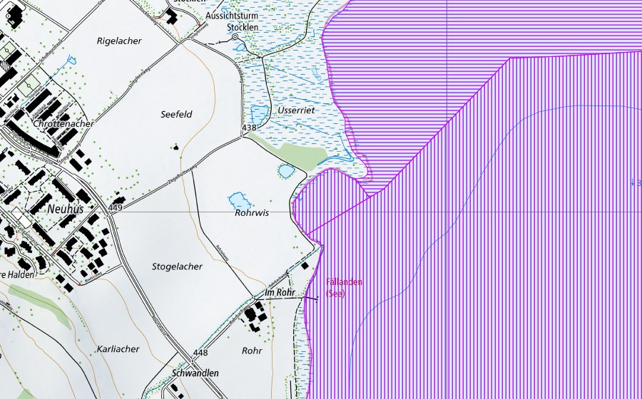 swisstopo national map showing the protected perimeter of Greifensee (ZH) (Water bird reserve)