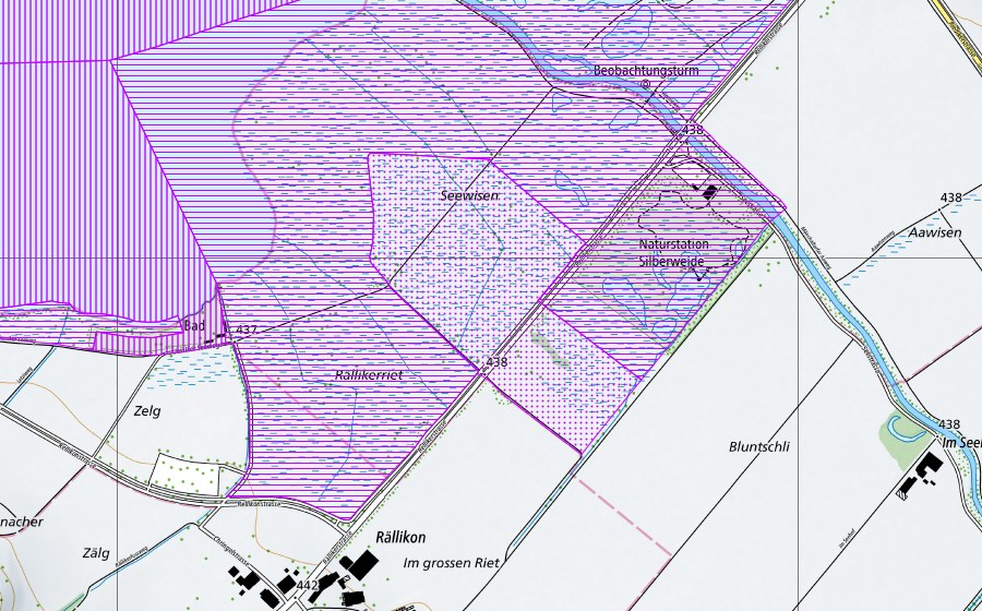 swisstopo national map showing the protected perimeter of Greifensee (ZH) (Water bird reserve)