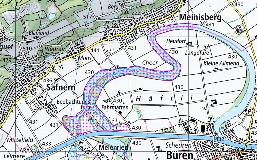Landeskarte swisstopo mit dem Schutzperimeter von Häftli bei Büren (BE) (Wasser- und Zugvogelreservat)