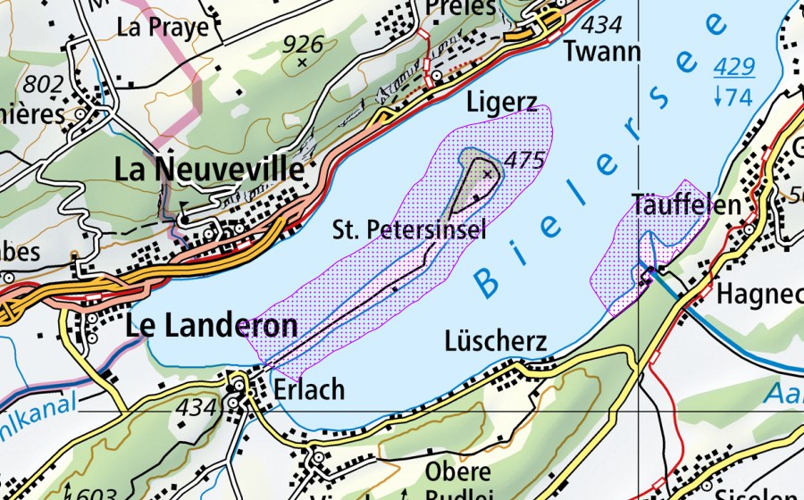 Carta nazionale swisstopo con il perimetro protetto di Hagneckdelta und St. Petersinsel (BE) (Riserva di uccelli acquatici)