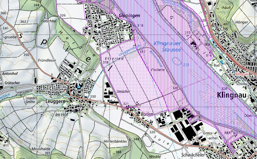 Landeskarte swisstopo mit dem Schutzperimeter von Klingnauerstausee (AG) (Wasser- und Zugvogelreservat)