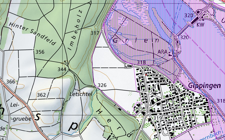 Landeskarte swisstopo mit dem Schutzperimeter von Klingnauerstausee (AG) (Wasser- und Zugvogelreservat)
